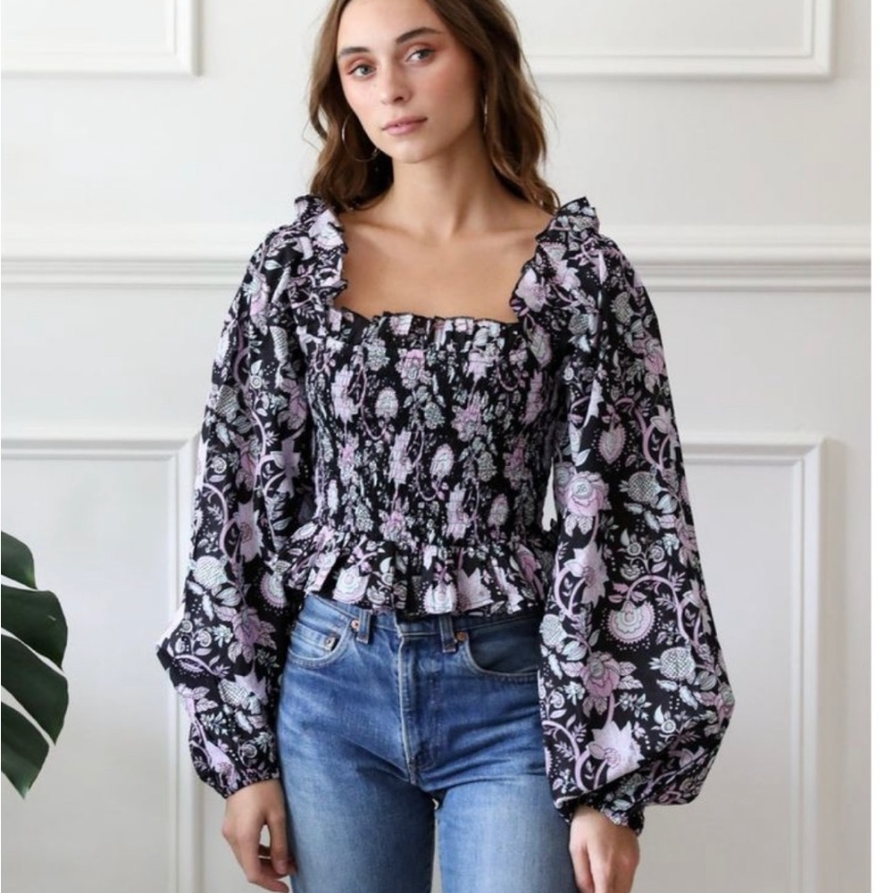 XXS Mille Top, smocked body, peasant sleeves, ruffle bottom